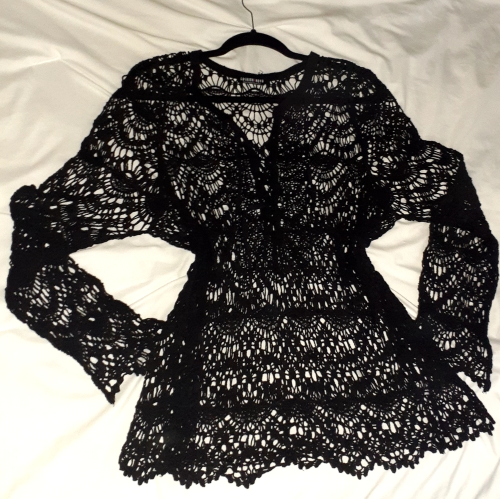 Fashion Nova black crocheted lace eyelet top